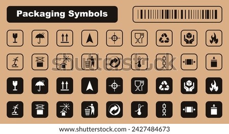 Packaging symbols set. Packaging cargo icon. Caution signs for package: this side up, handle with care, fragile, keep dry, flammable and other symbols. Used on the box or packaging.