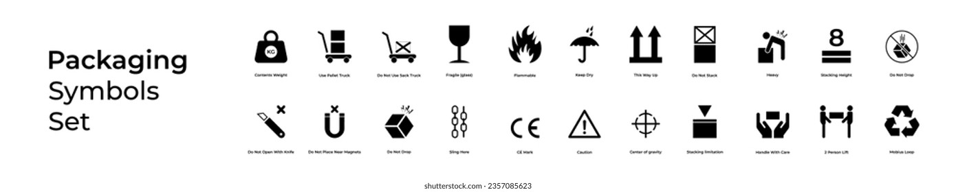 Packaging Symbols Set. Contents Weight, Use Pallet Truck,  Do Not Use Sack Truck, Fragile (glass), Flammable, This Way Up, Do Not Stack, Heavy, Stacking Height, Do Not Drop, Handle With Care Icons.