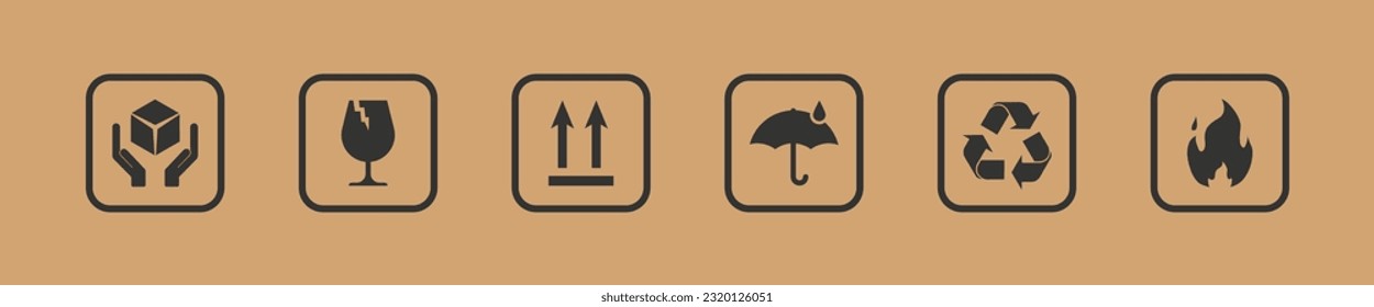 Packaging symbols set, icon on cardboard paper background. Warning symbols for delivery. Isolated vector illustration