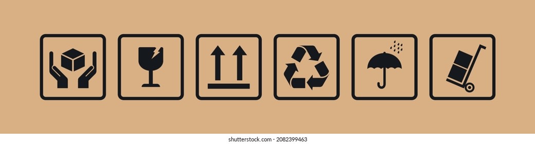 Packaging symbols set on cardboard background. Collection of cargo symbols, packaging icons, packaging signs. For box, design, infographic. Lncluding fragile, recycle, handling with care. Vector