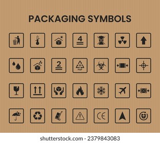 Símbolos de empaquetado establecidos en el fondo del cartón. Iconos de información para el empaquetado. Conjunto de iconos para el embalaje del producto.