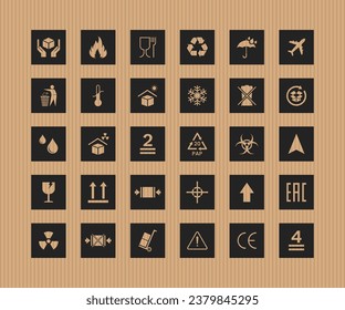 Packaging symbols set on cardboard background. Collection of cargo symbols, Packaging icons, Packaging signs