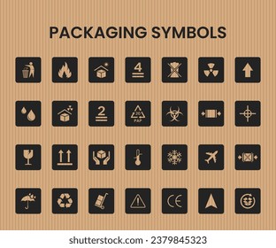 Packaging symbols set on cardboard background. Collection of cargo symbols, Packaging icons, Packaging signs