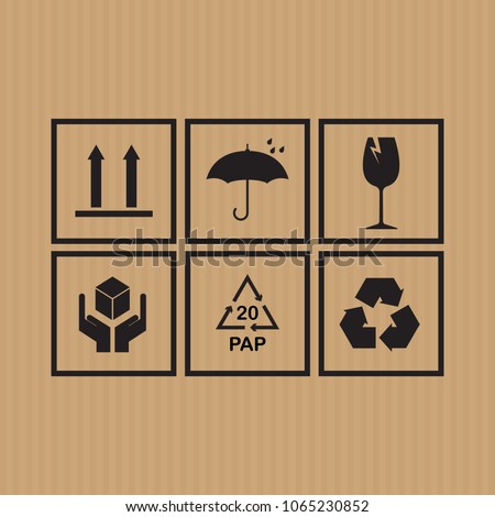 Packaging symbols set on cardboard background. Vector illustration