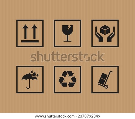 Packaging symbols set on paper box background. Collection of cargo symbols, packaging icons, packaging signs. For box, design, infographic. Lncluding fragile, recycle, handling with care vector