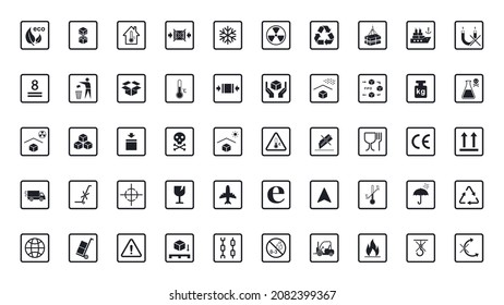 Packaging symbols set on white background. Collection of cargo symbols, packaging icons, packaging signs. For box, design, infographic. Lncluding fragile, recycle, handling with care. Vector