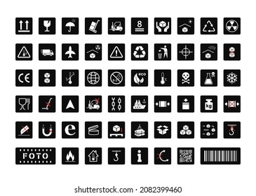 Packaging symbols set on white background. Collection of cargo symbols, packaging icons, packaging signs. For box, design, infographic. Lncluding fragile, recycle, handling with care. Vector