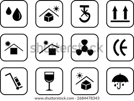 Packaging symbols set, Package Symbols business, sticker, illustration, Fragile box, keep dry umbrella, keep dry simple icons design,
