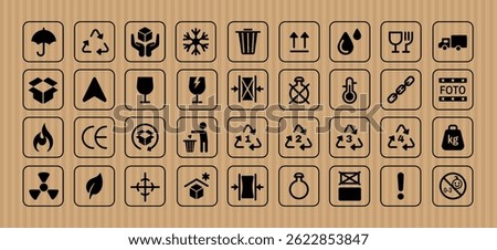 Packaging symbols. Shipping boxes icon. Parcels, packaging materials. Sticker labels for packages. Product safety, logistics communication, global e-commerce. Vector collection.