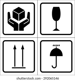 Packaging symbols in a squares (Fragile icon, Keep dry icon, This side up icon, Handle with care icon). Fragile cardboard black signs isolated on a white background. Stock vector illustration