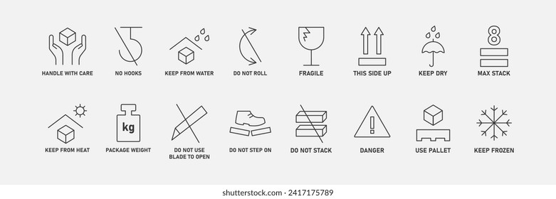 Packaging symbols. Standard and care pack. Logistics line icon set. Cargo or Transportation concept. Vector illustration