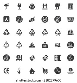 Empaquetado de símbolos de iconos vectoriales, colección de símbolos sólidos modernos, paquete de pictogramas estilo relleno. Señales, ilustración del logotipo. Set incluye iconos como caja de entrega reciclada, manténgase seco, frágil, no apilar