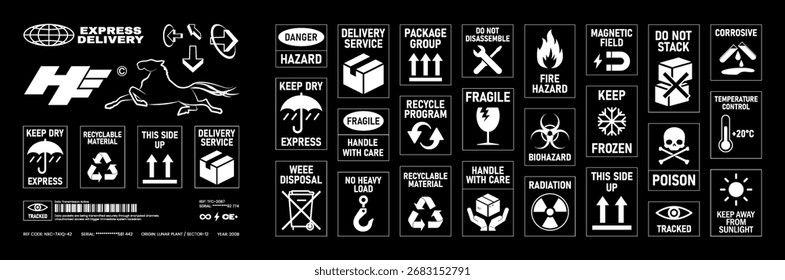 Packaging symbols vector, logistics pictograms. Set of shipping -recycling, hazard symbols, Handle with care, Fragile, umbrella and other. Shipping icons set and packaging symbols. Vector graphic set
