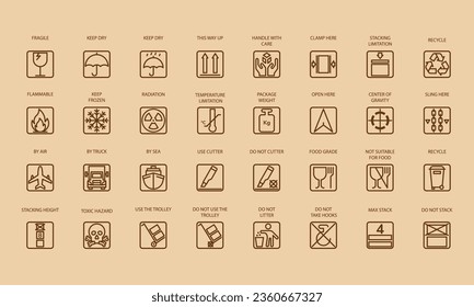 Conjunto de símbolos de empaquetado vectorial, iconos de carga. Ilustración del vector	