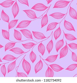 Packaging tea leaves organic seamless pattern vector. Decorative tea plant bush pink leaves floral textile ornament. Herbal sketchy repeating background pattern with nature elements.