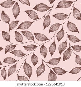 Packaging tea leaves organic seamless pattern vector. Cute tea plant bush brown leaves floral fabric ornament print. Herbal sketchy repeating background pattern with nature elements.