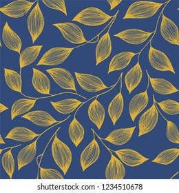 Packaging tea leaves organic seamless pattern vector. Decorative tea plant bush yellow leaves floral textile ornament. Herbal sketchy repeating background pattern with nature elements.