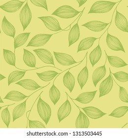 Packaging tea leaves organic seamless pattern vector. Trendy tea plant bush green leaves floral fabric ornament. Herbal sketchy floral seamless pattern background with nature elements.