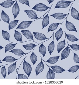 El té envasado deja un vector orgánico sin costuras. La planta de té de moda hojas azul arbusto adorno de tela floral. Patrón de fondo repetido y esquemático herbal con elementos naturales.
