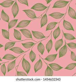 Packaging tea leaves organic seamless pattern vector. Decorative tea plant bush green leaves floral fabric ornament. Herbal sketchy floral seamless pattern background with nature elements.