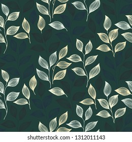 Packaging tea leaves pattern seamless vector. Minimal tea plant bush leaves floral fabric design. Herbal sketchy seamless background pattern with nature elements. Simple summer foliage wallpaper.