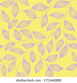 Empaque hojas de té patrón sin fisuras ilustración vectorial. Hojas violeta de arbusto de la planta de té a la moda adornadas con tela floral. Patrón de fondo repetido y esquemático herbal con elementos naturales.