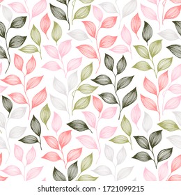 Packaging tea leaves pattern seamless vector. Minimal tea plant bush leaves floral fabric design. Herbal sketchy seamless background pattern with nature elements. Organic summer foliage wallpaper.