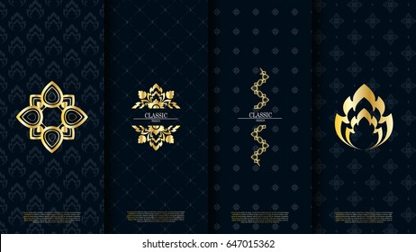 Packaging template of exotic Thai pattern design element concept navy background vector design, inclusive of pattern swatch