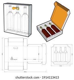 Embalaje para tres botellas de vino y patrón de corte por mugre. 