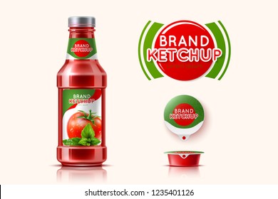 Packaging of tomato ketchup with the logo. Glass 3D bottle. Realistic vector illustration