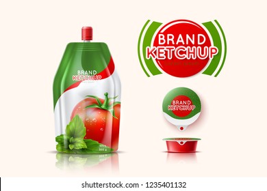 Packaging of tomato ketchup with the logo. Plastic 3d bag. Realistic vector illustration