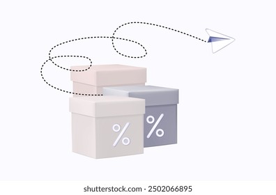 Verpackung, Transport von Kartons, Bestellung mit Rabatt. Versand, Aktionsangebot, niedrige Zinsen. Flying Box, Lieferung an Adresse. Online-Shopping, Verkauf mit Rabatten. Niedrige Zinsen. Vektor 3d