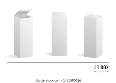 Packaging Triple Height Box 3D Mockups Set of Isometric Open Closed and Frontal View Blank Templates - White Realistic Boxes with Shadows on Similar Background - Vector Gradient Graphic Design