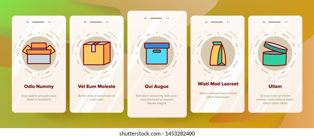 Packaging Types Vector Onboarding Mobile App Page Screen. Packaging Boxes, Shopping Bags. Cardboard, Paper, Recyclable Containers Linear Pictograms. Pizza, Fast Food, Takeaway Packaging Illustrations