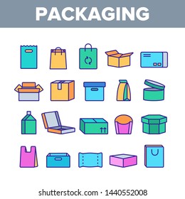 Packaging Types Vector Thin Line Icons Set. Packaging Boxes, Shopping Bags. Cardboard, Paper, Recyclable Containers Linear Pictograms. Pizza, Fast Food, Takeaway Packaging Contour Illustrations