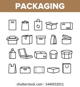 Packaging Types Vector Thin Line Icons Set. Packaging Boxes, Shopping Bags. Cardboard, Paper, Recyclable Containers Linear Pictograms. Pizza, Fast Food, Takeaway Packaging Contour Illustrations