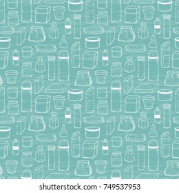 Packaging Vector Background. Blank Packing Seamless Pattern. Hand Drawn Sketch Glass, Plastic, Cardboard Package