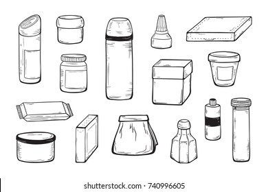 Packaging Vector set. Blank Packing Mock Up Template. Hand Drawn Sketch Glass, Plastic, Cardboard Package for Cosmetics and Goods