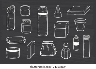 Packaging Vector set. Blank Packing Mock Up Template. Hand Drawn Sketch Glass, Plastic, Cardboard Package