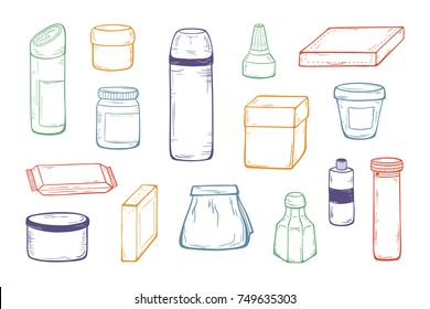 Packaging Vector set. Blank Packing Mock Up Template. Hand Drawn Sketch Glass, Plastic, Cardboard Package