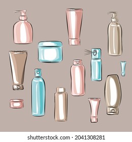 Embalaje, viales, botellas para cuidados y cosméticos decorativos. Cosmética, salón de belleza. Frascos de blanco grisáceo y desnudos. Objetos vectoriales aislados.