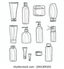 Verpackung, Durchstechflaschen, Flaschen für Pflegeprodukte und dekorative Kosmetika. Kosmetikgeschäft, Schönheitssalon. Die Konturen auf dem Hintergrund sind transparent. Isolierte Vektorobjekte.