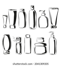 Embalaje, viales, botellas para cuidados y cosméticos decorativos. Cosmética, salón de belleza. Los contornos sobre el fondo son transparentes. Objetos vectoriales aislados.