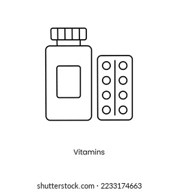Packaging with vitamins line icon in vector, illustration of jar and plate of pills.