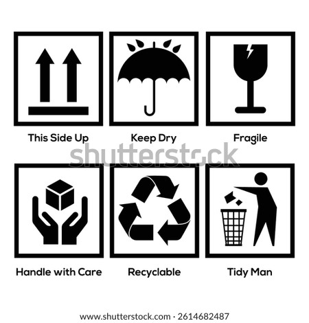 Packaging and warning icon set. Cardboard packaging sign labels. Marking the box or packaging of products. Common packaging, warning symbol set.