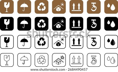 packaging and warning symbol set, Package Symbols business, sticker, illustration, Fragile box, keep dry umbrella ,shipping cargo icon set on white background,
