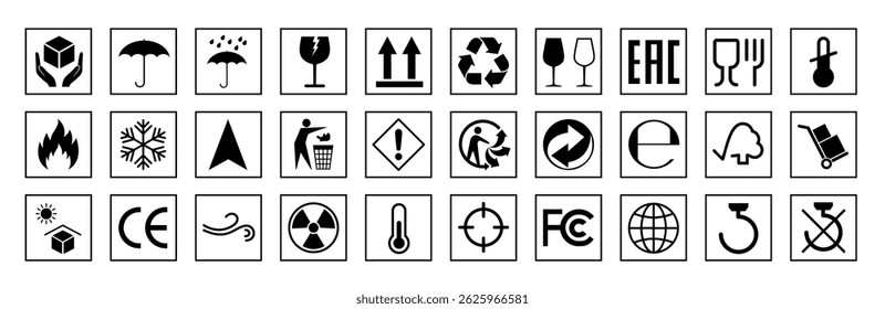 Packaging and warning symbols set for cardboard box, recycle and caution signs, fragile cargo icons, fragile package warning signs, logistics delivery shipping special labels - stock vector
