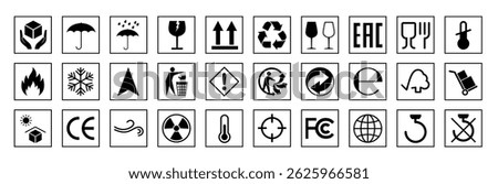 Packaging and warning symbols set for cardboard box, recycle and caution signs, fragile cargo icons, fragile package warning signs, logistics delivery shipping special labels - stock vector
