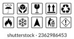 Packaging and warning symbols set, fragile cargo icons, fragile package warning signs umbrella, box in hands, glass, side up box, logistics delivery shipping special labels - vector