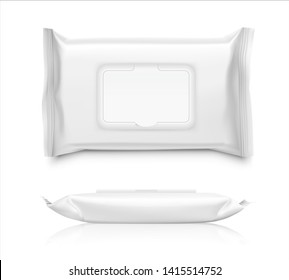 Packaging for wet wipes isolated on white background. Frond and side view. Realistic vector illustration. Can be use for your design, promo, adv and etc. EPS10.	